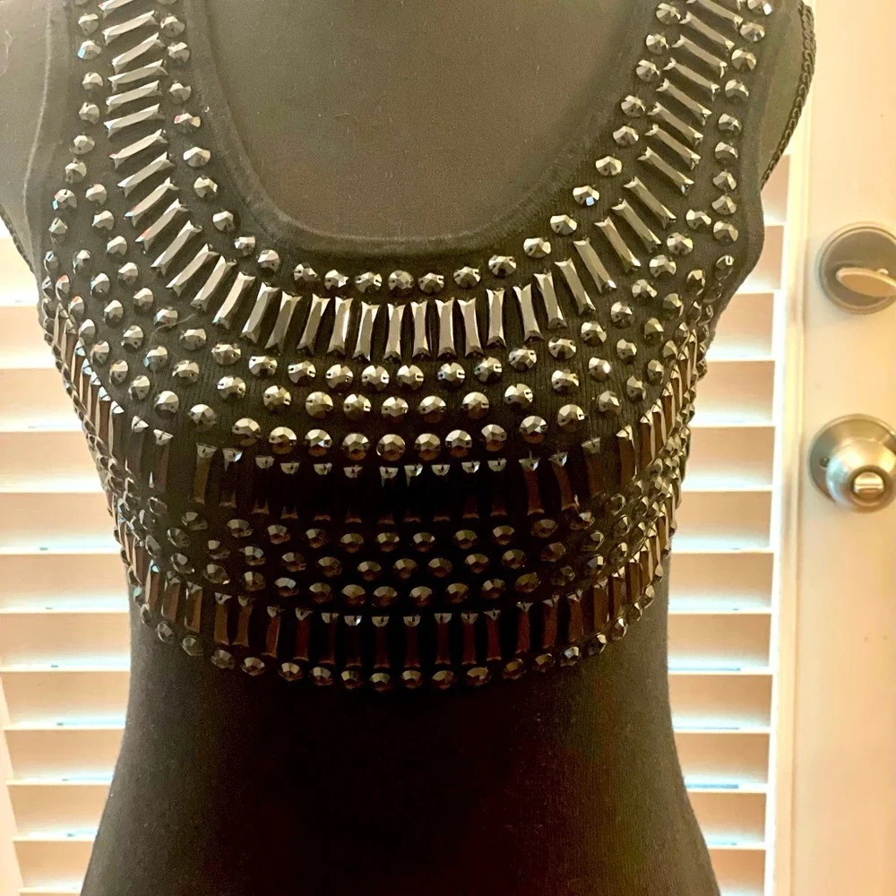 Bebe Black Studded Beaded Bodycon Mini Dress Open Back Bow Detail Sleeveless - Picture 4 of 10